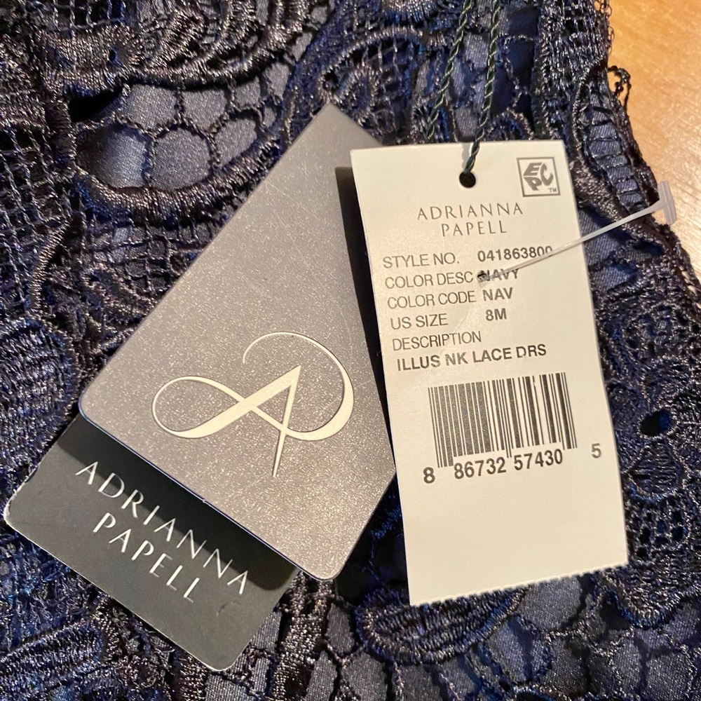 NWT Adrianna Papell Navy Mid-length Lace Dress Size 8 - Picture 4 of 5